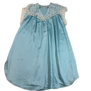 Lily of France Blue Satin Lace Trim Short Sleeve Nightgown Medium